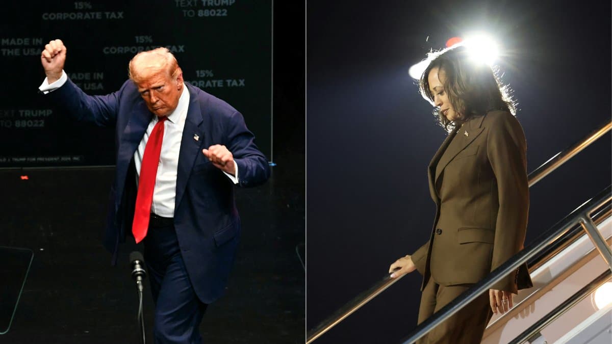 Donald Trump hace gestos de victoria y Kamala Harris desciende de un avión.