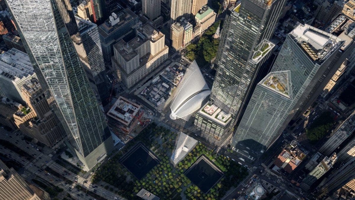 Aerial view of the 9/11 memorial pools.