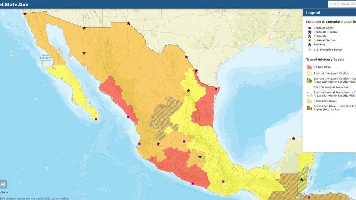 Mexico map shared by the State Department recommending US citizens to avoid travels to Mexico during Spring Break.