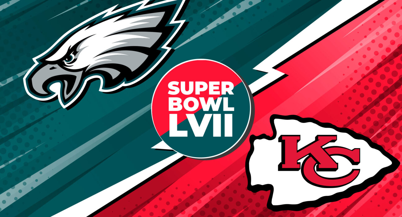 Super Bowl LVII, montaje realizado por Voz Media con los escudos de los Philadelphia Eagles y los Kansas City Chiefs.