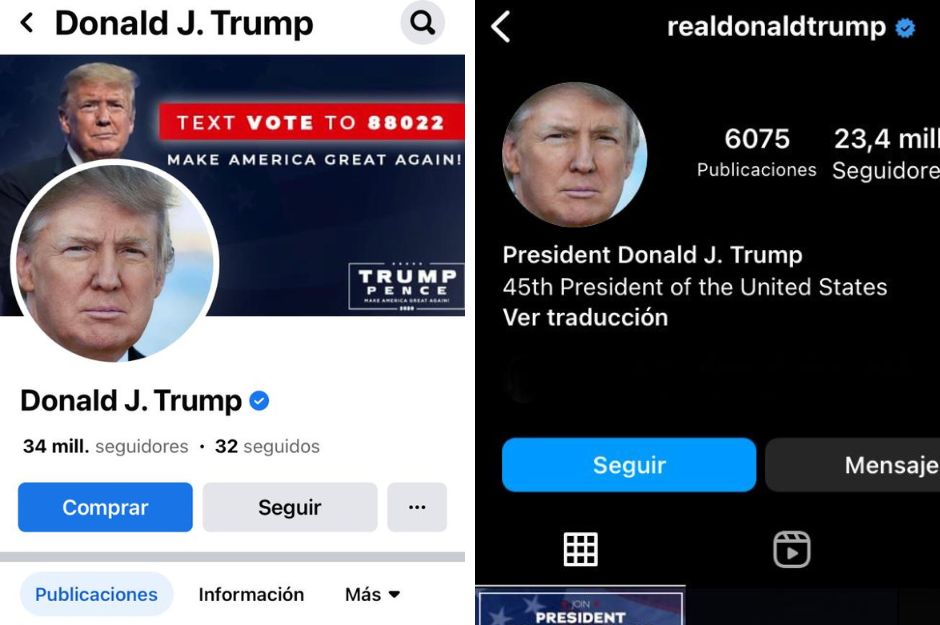 Perfiles de Donald Trump en Facebook e Instagram en español después de que Meta los desbloquease