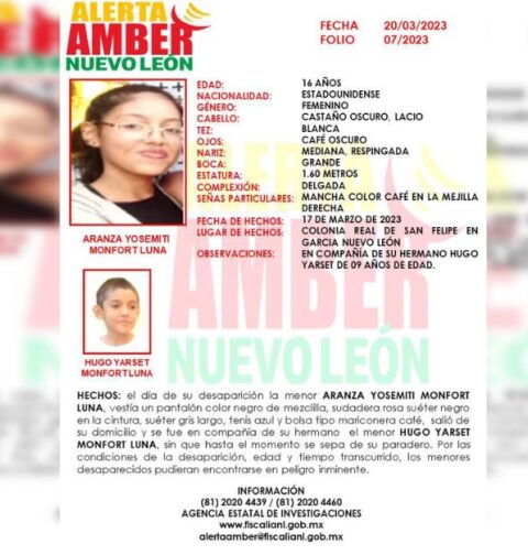 Cartel de búsqueda Amber para los hermanos desaparecidos en México.