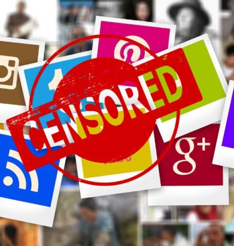 Fotomontaje con los logos de las redes sociales bajo el sello de "censurado"