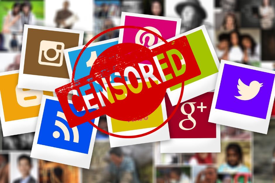 Fotomontaje con los logos de las redes sociales bajo el sello de "censurado"