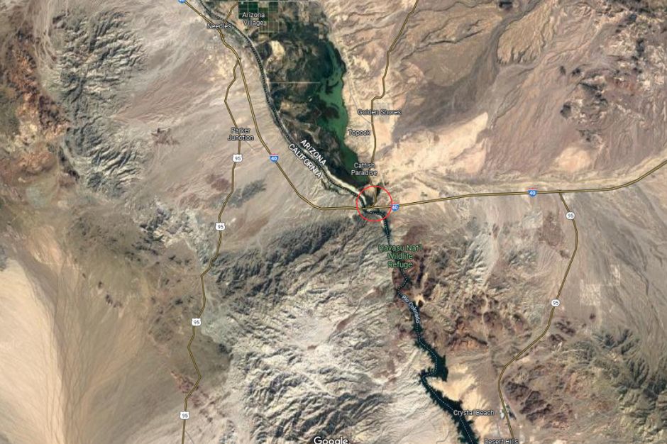 Mapa de la frontera entre Arizona y California, lugar en el que un tren descarriló